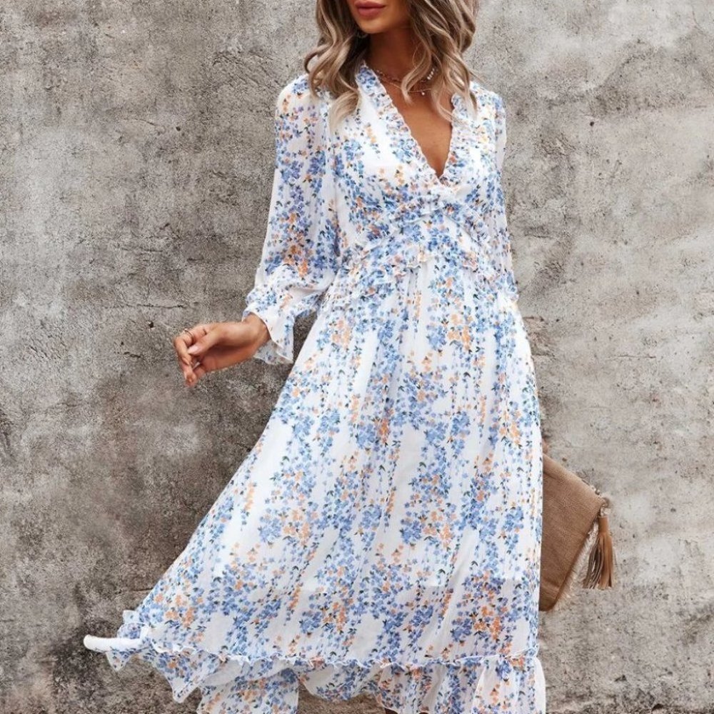 white blue Shabby Chic Cottagecore Floral Ditsy Ruffle Hem Dress - Picture 6 of 6